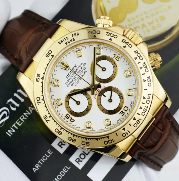 Racing Professional Watches | Sant Blanc ROLEX Rehaut 18kt Gold Daytona White Diamond Dial Burgundy Strap Model 116518