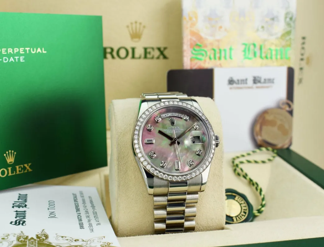 rolex_rehaut_mens_day_dat_1.webp Men's Watches | President Dress Watches | Sant Blanc ROLEX REHAUT Mens Day Date Platinum President MOP Diamond Dial Diamond Bezel Model 118206