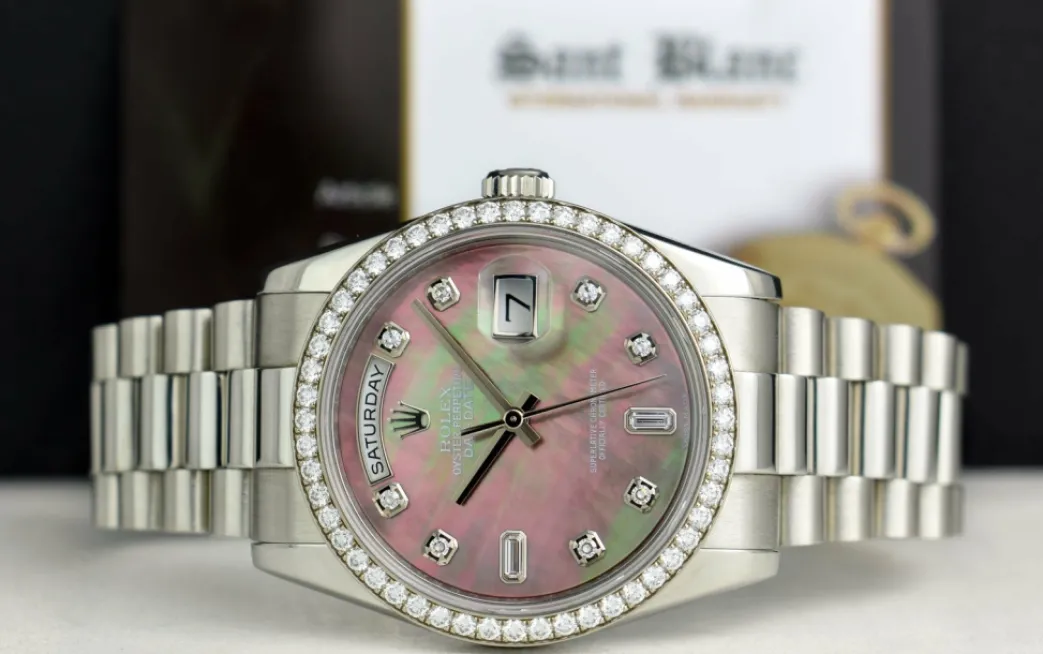 rolex_rehaut_mens_day_dat_2.webp Men's Watches | President Dress Watches | Sant Blanc ROLEX REHAUT Mens Day Date Platinum President MOP Diamond Dial Diamond Bezel Model 118206