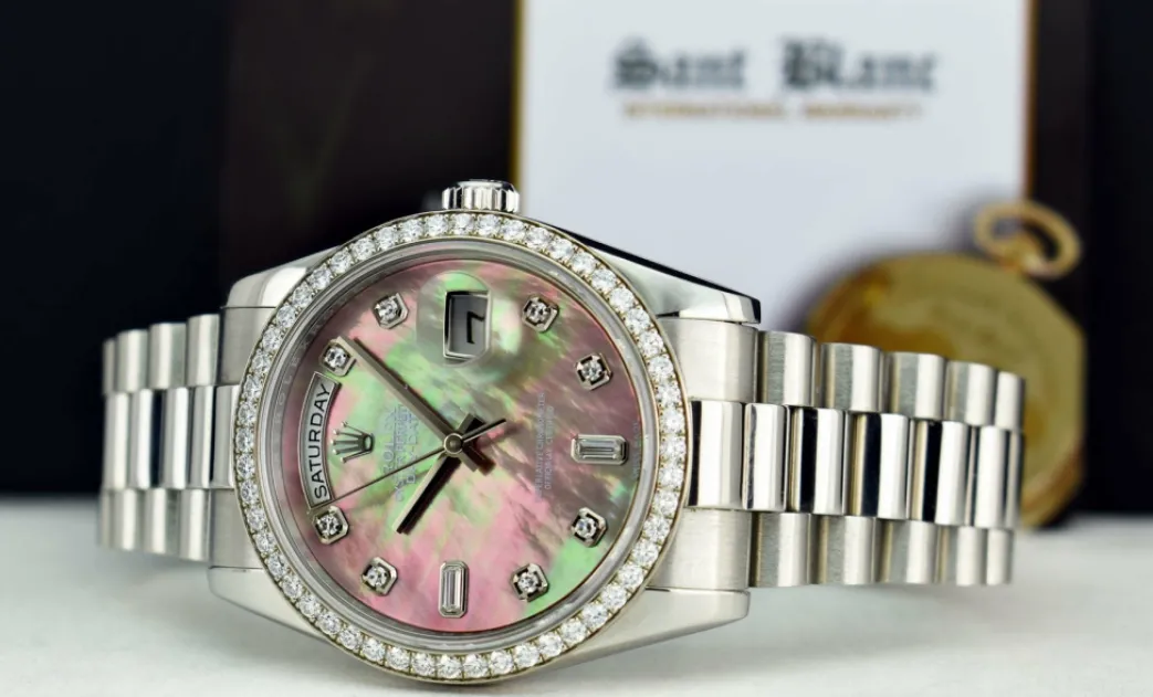 rolex_rehaut_mens_day_dat_3.webp Men's Watches | President Dress Watches | Sant Blanc ROLEX REHAUT Mens Day Date Platinum President MOP Diamond Dial Diamond Bezel Model 118206