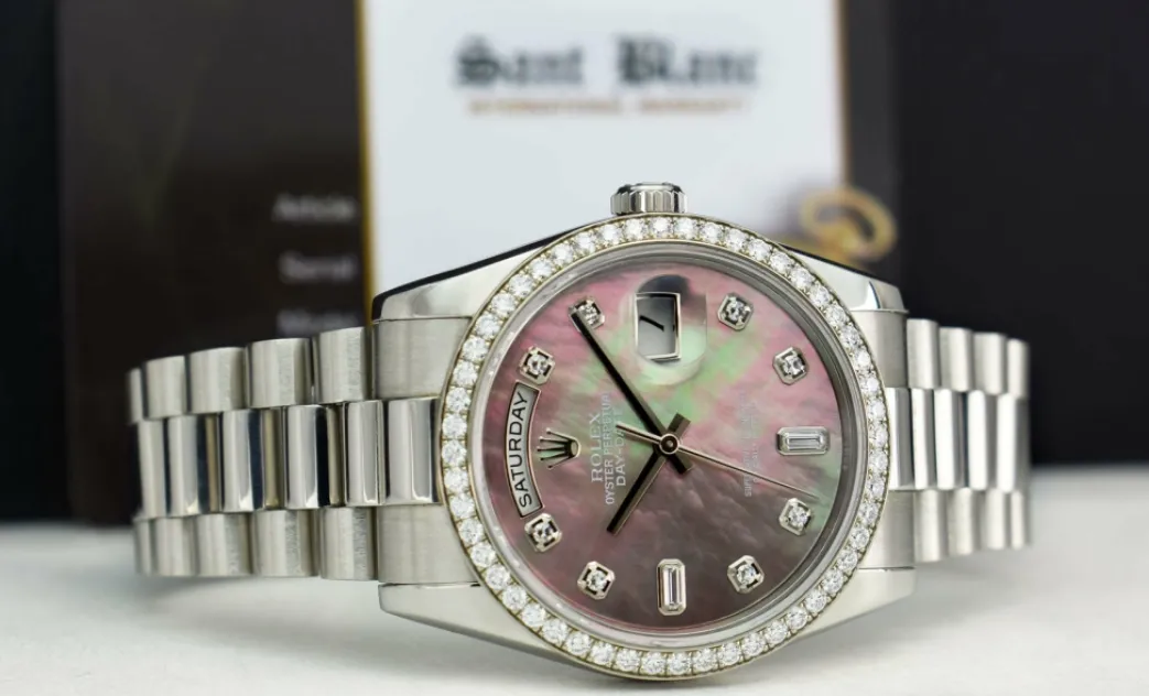 rolex_rehaut_mens_day_dat_4.webp Men's Watches | President Dress Watches | Sant Blanc ROLEX REHAUT Mens Day Date Platinum President MOP Diamond Dial Diamond Bezel Model 118206