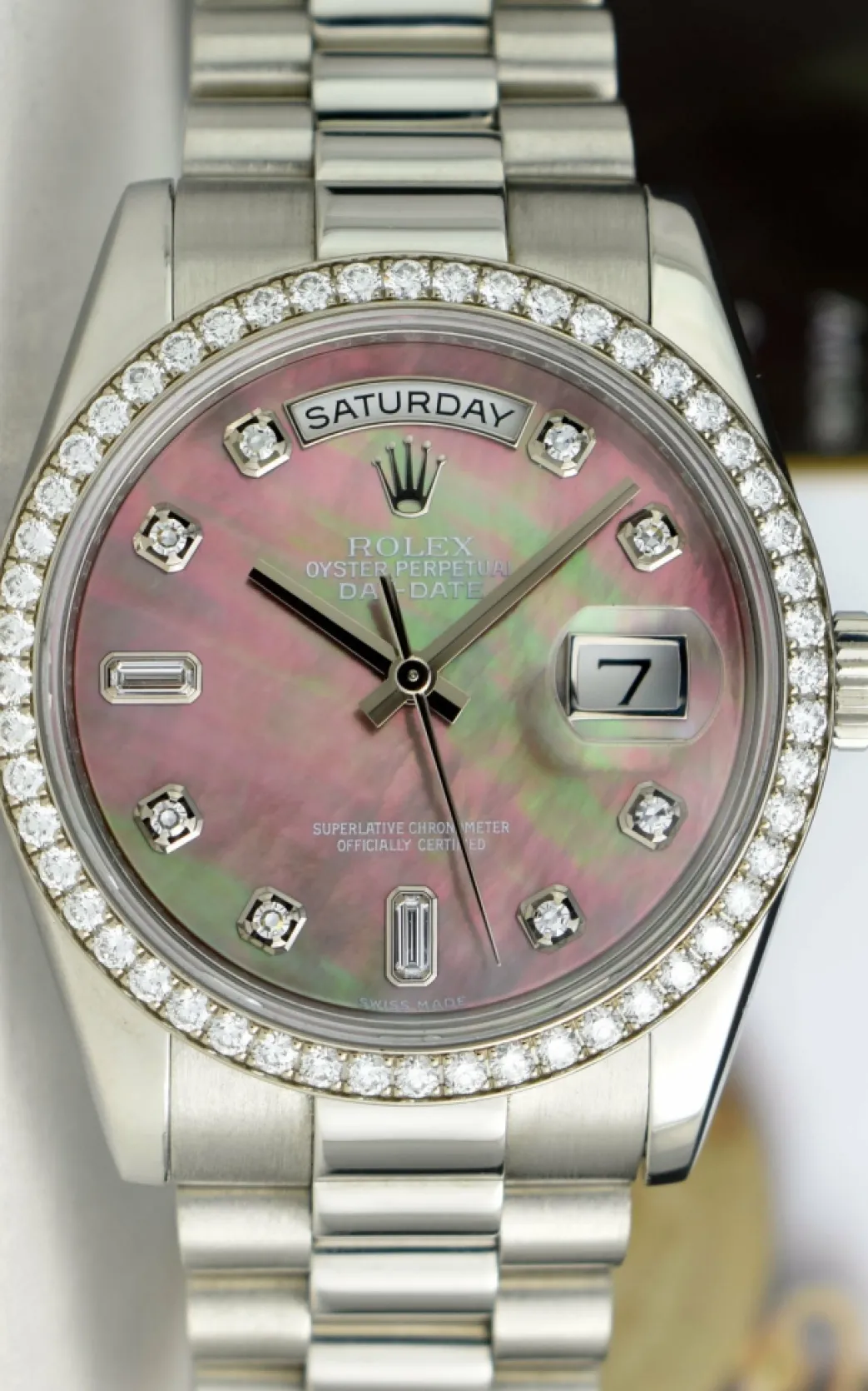 rolex_rehaut_mens_day_dat_6.webp Men's Watches | President Dress Watches | Sant Blanc ROLEX REHAUT Mens Day Date Platinum President MOP Diamond Dial Diamond Bezel Model 118206