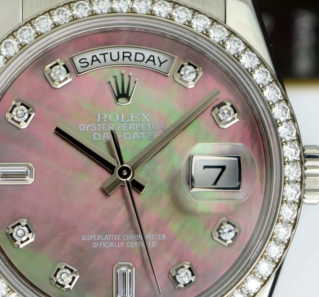 rolex_rehaut_mens_day_dat_7.webp Men's Watches | President Dress Watches | Sant Blanc ROLEX REHAUT Mens Day Date Platinum President MOP Diamond Dial Diamond Bezel Model 118206