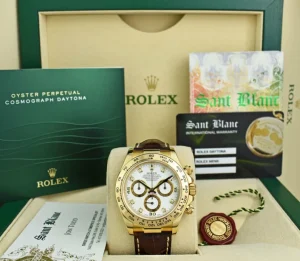 Racing Professional Watches | Sant Blanc ROLEX Rehaut Mens 18kt Gold Daytona White Diamond Dial Brown Strap Model 116518