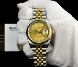 Men's Watches | Dress Watches | Sant Blanc ROLEX REHAUT Men's 18kt Gold & SS DateJust 36 Champagne Index Dial Model 116233
