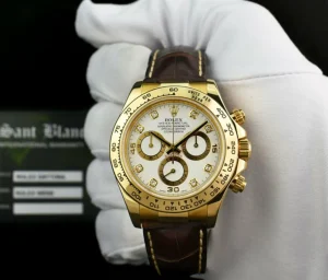 Racing Professional Watches | Sant Blanc ROLEX Rehaut Mens 18kt Gold Daytona White Diamond Dial Brown Strap Model 116518