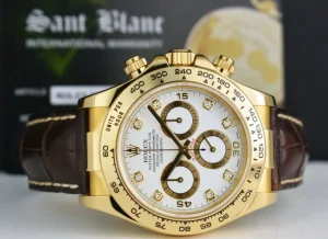 Racing Professional Watches | Sant Blanc ROLEX Rehaut Mens 18kt Gold Daytona White Diamond Dial Brown Strap Model 116518
