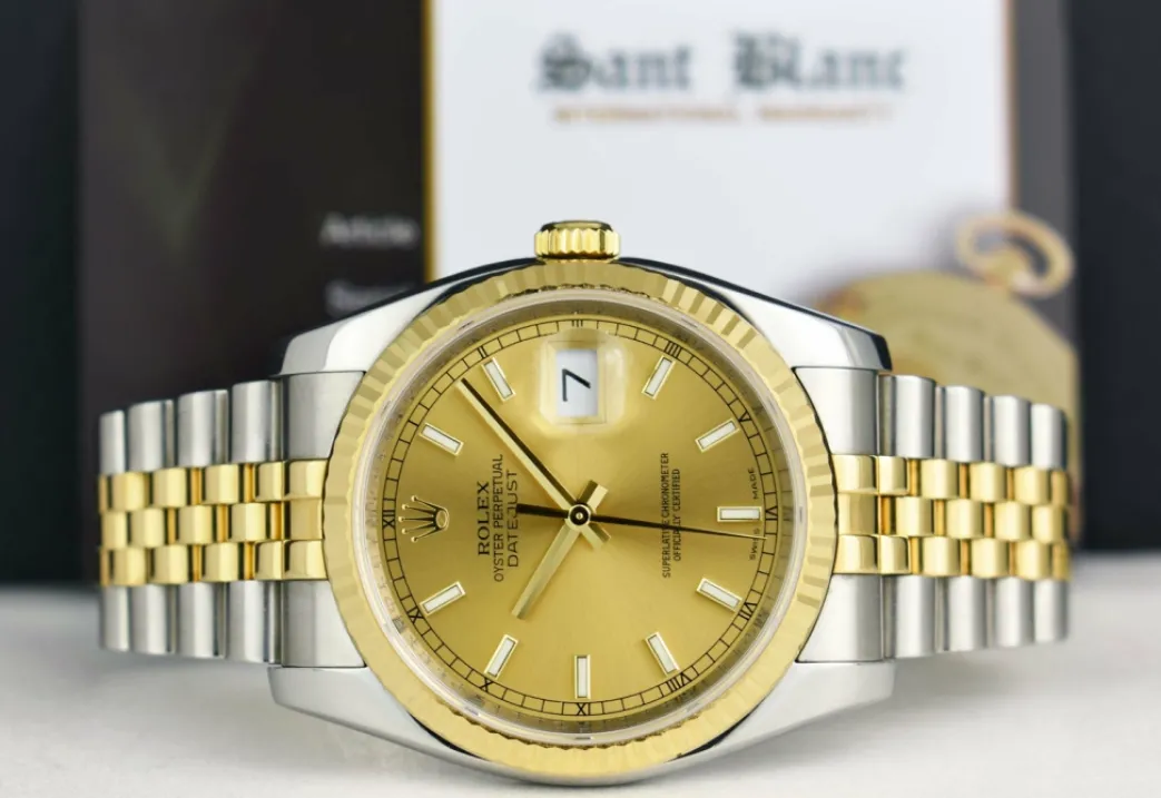 rolex_rehaut_mens_kt_gold_2-1.webp Men's Watches | Dress Watches | Sant Blanc ROLEX REHAUT Men's 18kt Gold & SS DateJust 36 Champagne Index Dial Model 116233