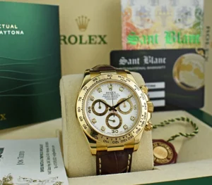 Racing Professional Watches | Sant Blanc ROLEX Rehaut Mens 18kt Gold Daytona White Diamond Dial Brown Strap Model 116518