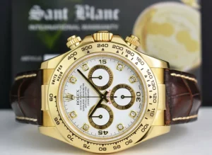 Racing Professional Watches | Sant Blanc ROLEX Rehaut Mens 18kt Gold Daytona White Diamond Dial Brown Strap Model 116518