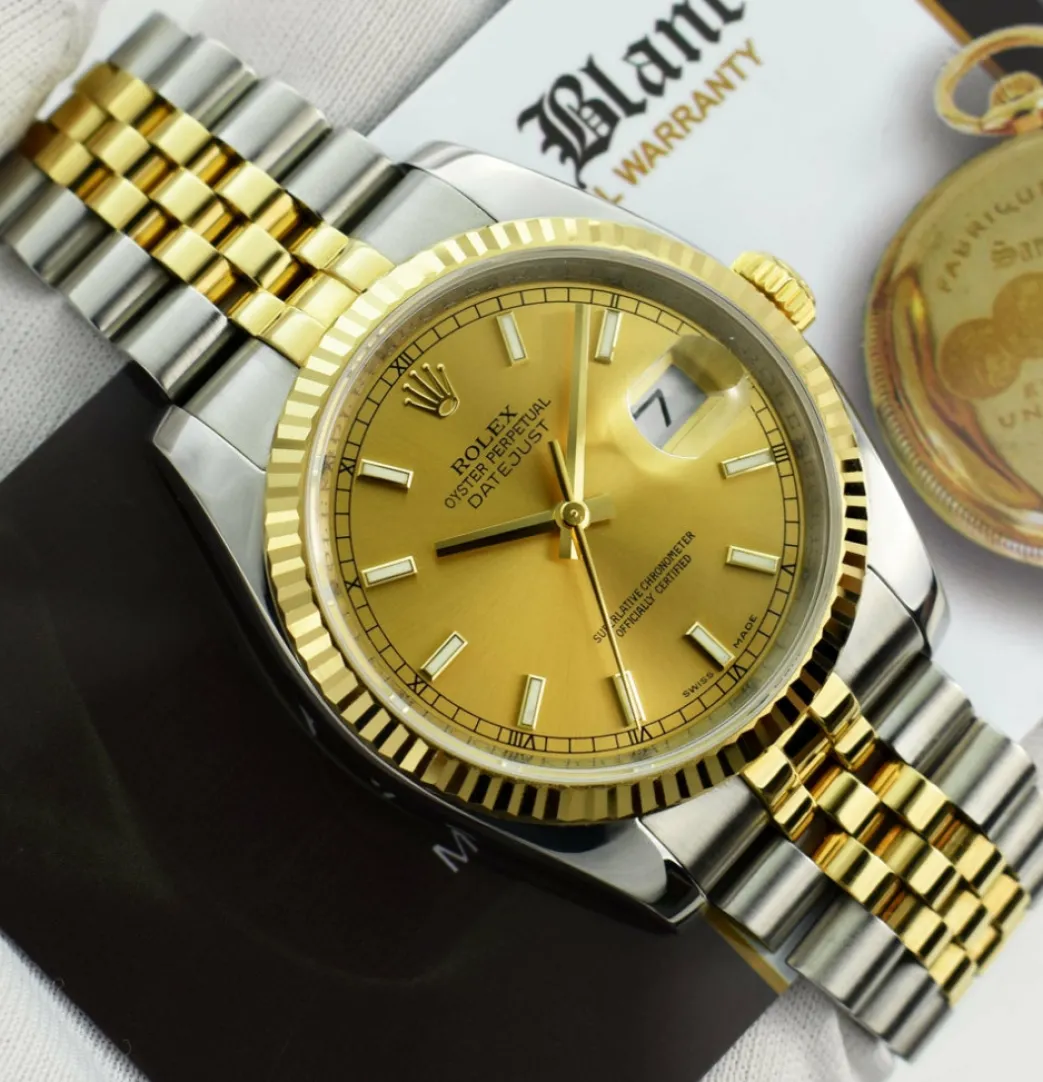 rolex_rehaut_mens_kt_gold_6-1.webp Men's Watches | Dress Watches | Sant Blanc ROLEX REHAUT Men's 18kt Gold & SS DateJust 36 Champagne Index Dial Model 116233