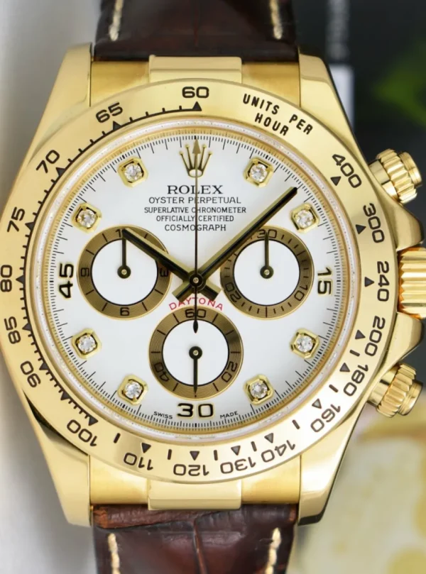 Racing Professional Watches | Sant Blanc ROLEX Rehaut Mens 18kt Gold Daytona White Diamond Dial Brown Strap Model 116518
