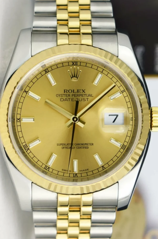 Men's Watches | Dress Watches | Sant Blanc ROLEX REHAUT Men's 18kt Gold & SS DateJust 36 Champagne Index Dial Model 116233