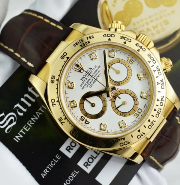 Racing Professional Watches | Sant Blanc ROLEX Rehaut Mens 18kt Gold Daytona White Diamond Dial Brown Strap Model 116518