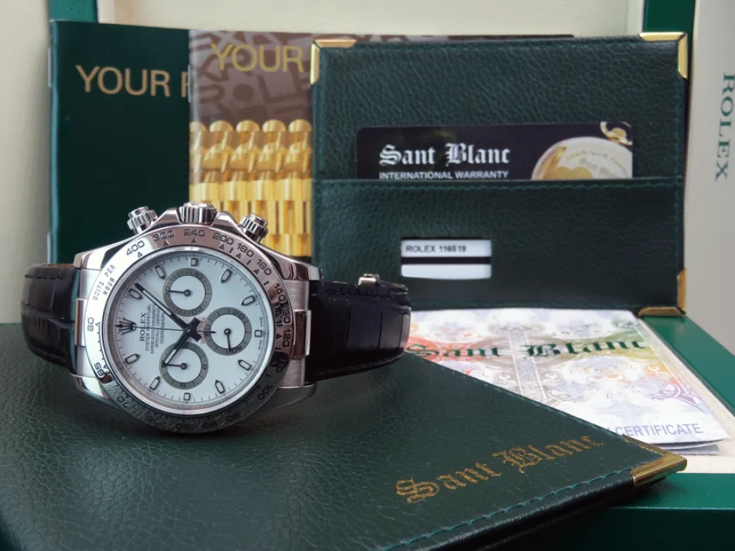 rolex_rehaut_mens_kt_whit_1.webp Sports Watches | Racing Professional Watches | Sant Blanc ROLEX Rehaut Mens 18kt White Gold Daytona with White Index Dial and Black Strap Model 116519