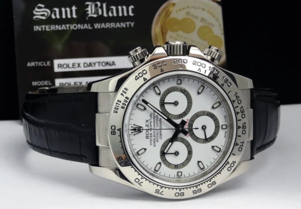 rolex_rehaut_mens_kt_whit_2.webp Sports Watches | Racing Professional Watches | Sant Blanc ROLEX Rehaut Mens 18kt White Gold Daytona with White Index Dial and Black Strap Model 116519