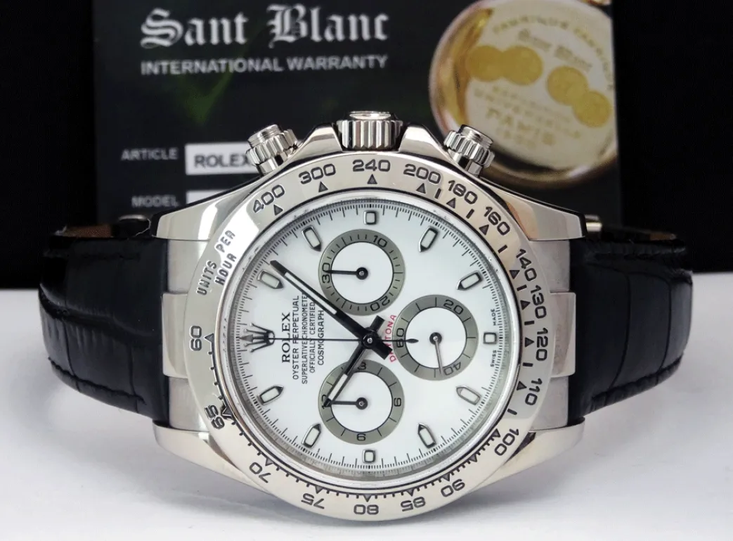 rolex_rehaut_mens_kt_whit_3.webp Sports Watches | Racing Professional Watches | Sant Blanc ROLEX Rehaut Mens 18kt White Gold Daytona with White Index Dial and Black Strap Model 116519