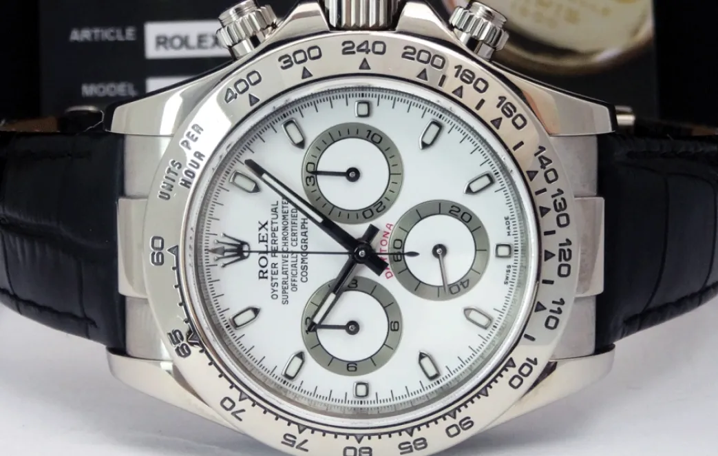 rolex_rehaut_mens_kt_whit_4.webp Sports Watches | Racing Professional Watches | Sant Blanc ROLEX Rehaut Mens 18kt White Gold Daytona with White Index Dial and Black Strap Model 116519
