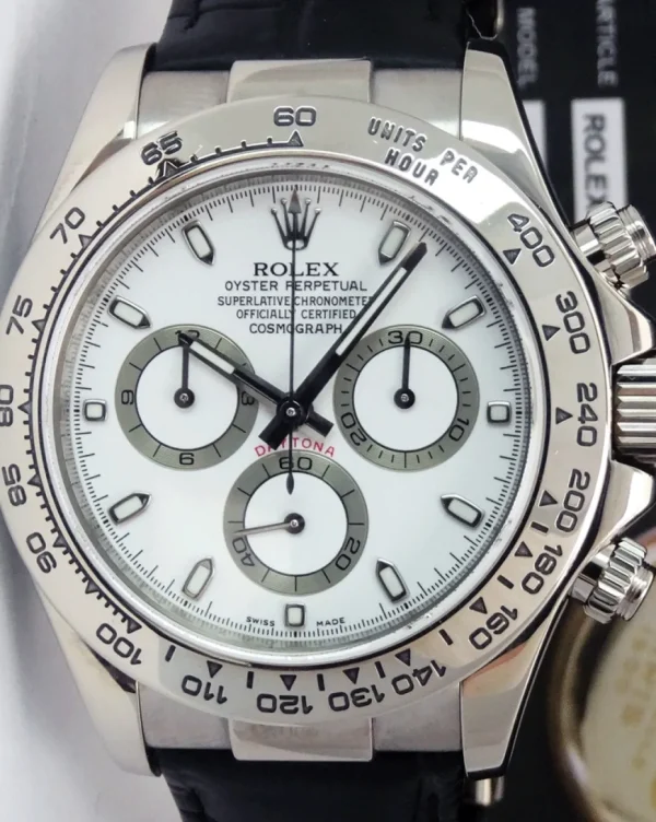 Sports Watches | Racing Professional Watches | Sant Blanc ROLEX Rehaut Mens 18kt White Gold Daytona with White Index Dial and Black Strap Model 116519