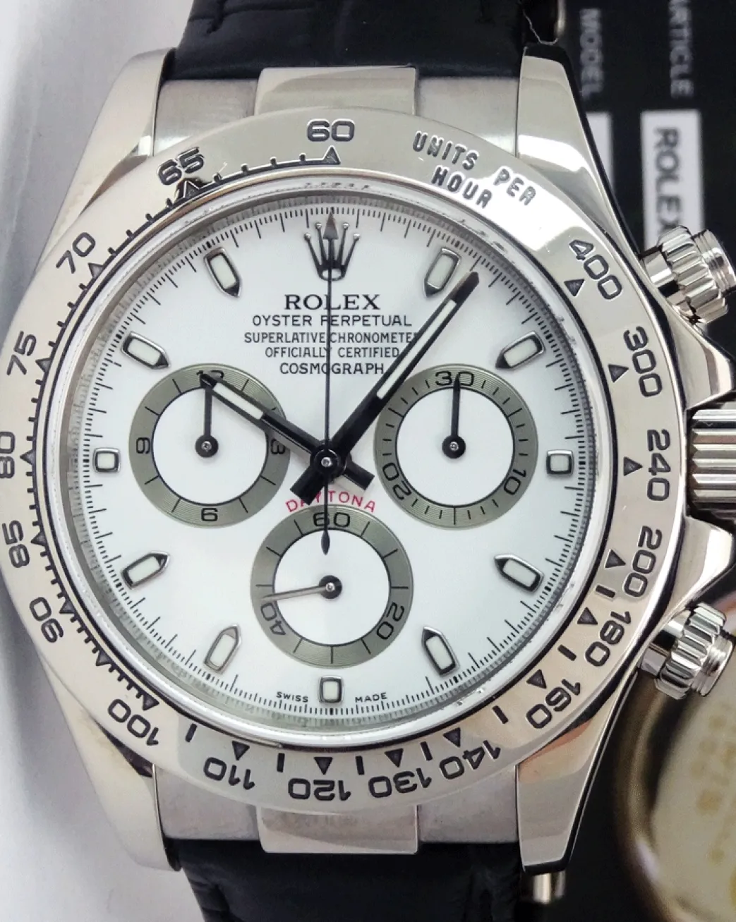 rolex_rehaut_mens_kt_whit_5.webp Sports Watches | Racing Professional Watches | Sant Blanc ROLEX Rehaut Mens 18kt White Gold Daytona with White Index Dial and Black Strap Model 116519