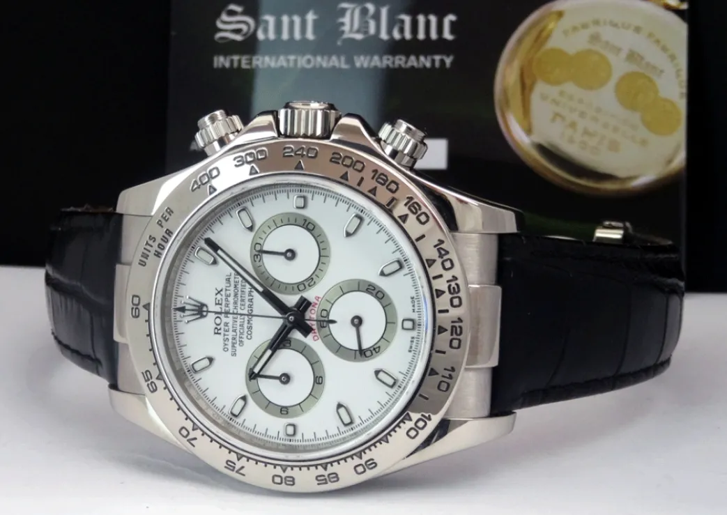 rolex_rehaut_mens_kt_whit_6.webp Sports Watches | Racing Professional Watches | Sant Blanc ROLEX Rehaut Mens 18kt White Gold Daytona with White Index Dial and Black Strap Model 116519