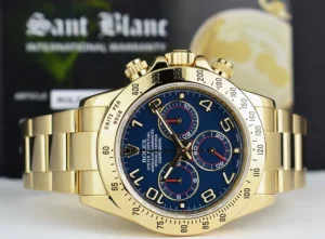 Sports Watches | Racing Professional Watches | Sant Blanc ROLEX Rehaut Mens 18kt Yellow Gold Daytona Blue Race Arabic Dial Model 116528