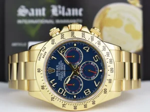 Sports Watches | Racing Professional Watches | Sant Blanc ROLEX Rehaut Mens 18kt Yellow Gold Daytona Blue Race Arabic Dial Model 116528