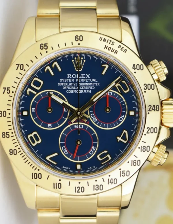 Sports Watches | Racing Professional Watches | Sant Blanc ROLEX Rehaut Mens 18kt Yellow Gold Daytona Blue Race Arabic Dial Model 116528