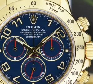 Sports Watches | Racing Professional Watches | Sant Blanc ROLEX Rehaut Mens 18kt Yellow Gold Daytona Blue Race Arabic Dial Model 116528