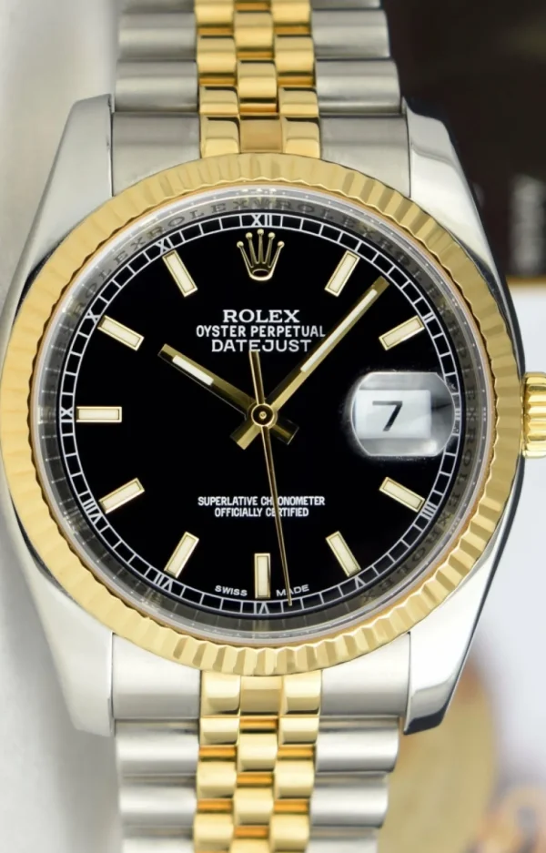 Men's Watches | Dress Watches | Sant Blanc Rolex Rehaut 36mm 18kt Gold & Stainless Steel DateJust Black Index Dial Model 116233