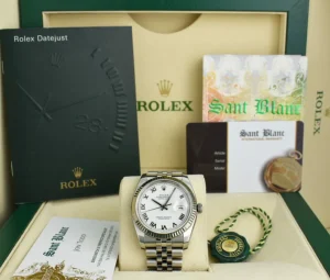 Men's Watches | Dress Watches | Sant Blanc ROLEX Rehaut 36mm 18kt White Gold & Stainless Steel Datejust White Roman Dial Model 116234