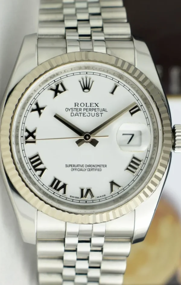 Men's Watches | Dress Watches | Sant Blanc ROLEX Rehaut 36mm 18kt White Gold & Stainless Steel Datejust White Roman Dial Model 116234