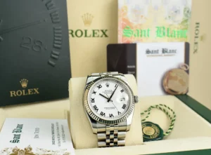 Men's Watches | Dress Watches | Sant Blanc ROLEX Rehaut 36mm 18kt White Gold & Stainless Steel Datejust White Roman Dial Model 116234