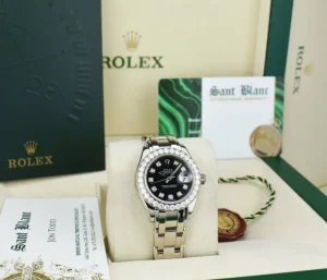 The Masterpiece | Sant Blanc ROLEX Rehaut 29mm 18kt White Gold Masterpiece Black Diamond Dial Model 80299