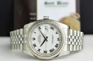 Men's Watches | Dress Watches | Sant Blanc ROLEX Rehaut 36mm 18kt White Gold & Stainless Steel Datejust White Roman Dial Model 116234
