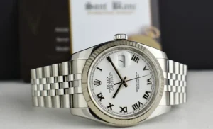 Men's Watches | Dress Watches | Sant Blanc ROLEX Rehaut 36mm 18kt White Gold & Stainless Steel Datejust White Roman Dial Model 116234