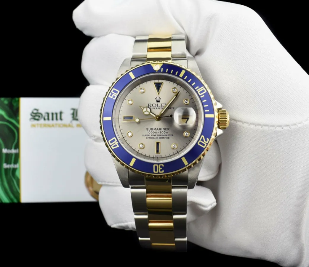 Diving Professional Watches | Men's Watches | Sant Blanc ROLEX Vintage 18kt Gold & Stainless Steel Submariner Silver Serti Dial Model 16613