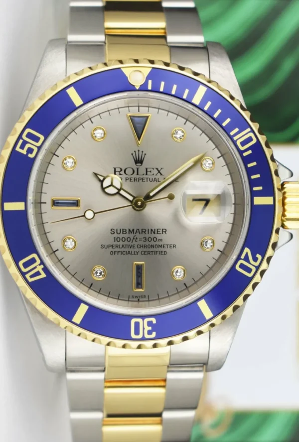 Diving Professional Watches | Men's Watches | Sant Blanc ROLEX Vintage 18kt Gold & Stainless Steel Submariner Silver Serti Dial Model 16613