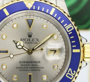 Diving Professional Watches | Men's Watches | Sant Blanc ROLEX Vintage 18kt Gold & Stainless Steel Submariner Silver Serti Dial Model 16613