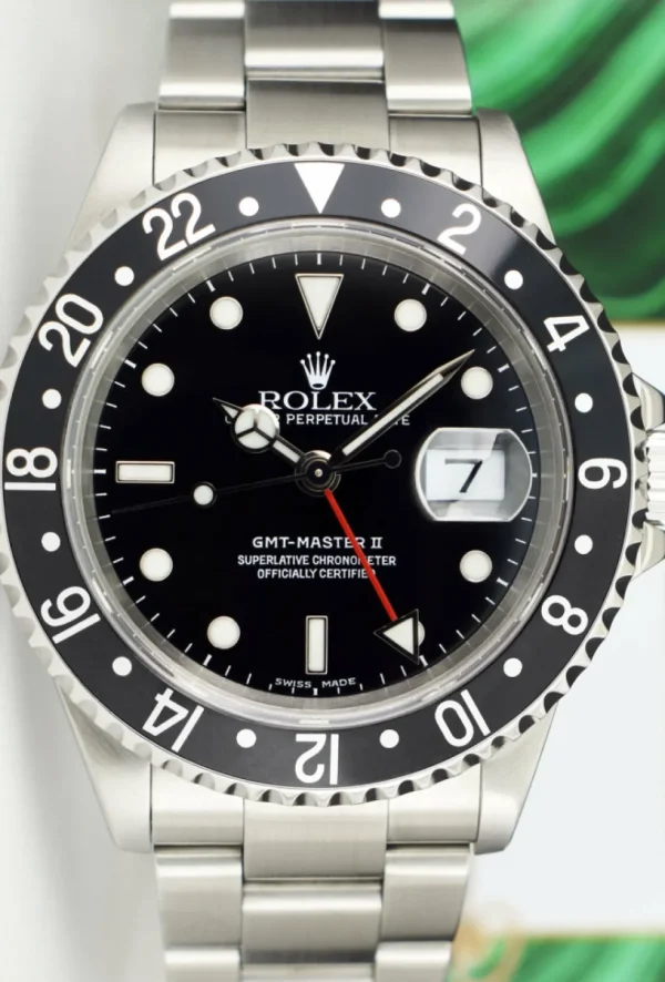 Pilots Professional Watches | Sant Blanc ROLEX Vintage Stainless Steel GMT Master II Black Bezel Black Dial SEL Model 16710