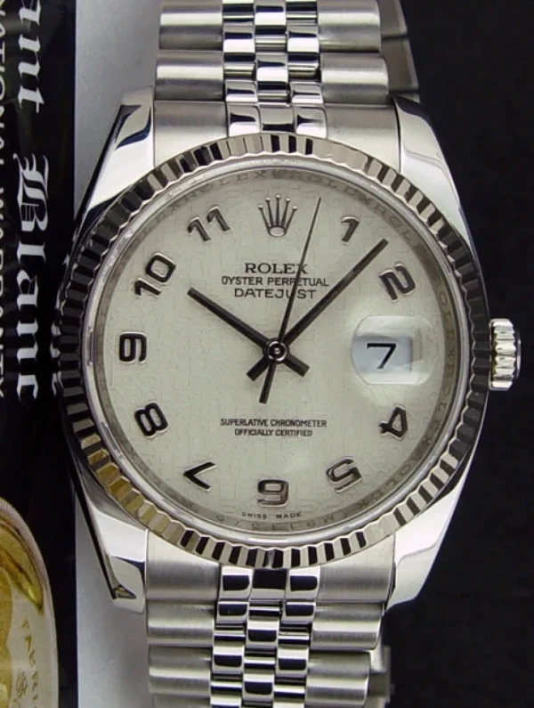 Men's Watches | Dress Watches | Sant Blanc Rolex White Gold & Stainless Steel Datejust Cream Jubilee Arabic Dial Model 116234