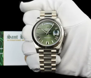 President Dress Watches | Sant Blanc ROLEX White Gold Day Date 40 President Green Roman with Card Model 228239