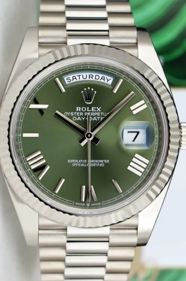 President Dress Watches | Sant Blanc ROLEX White Gold Day Date 40 President Green Roman with Card Model 228239