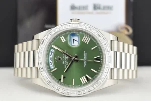 President Dress Watches | Sant Blanc ROLEX White Gold Day Date 40 President Custom Diamond Bezel Model 228239