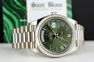 President Dress Watches | Sant Blanc ROLEX White Gold Day Date 40 President Green Roman with Card Model 228239