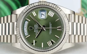 President Dress Watches | Sant Blanc ROLEX White Gold Day Date 40 President Green Roman with Card Model 228239