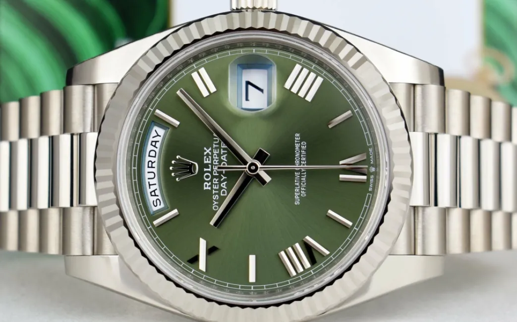 rolex_white_gold_day_date_7.webp President Dress Watches | Sant Blanc ROLEX White Gold Day Date 40 President Green Roman with Card Model 228239