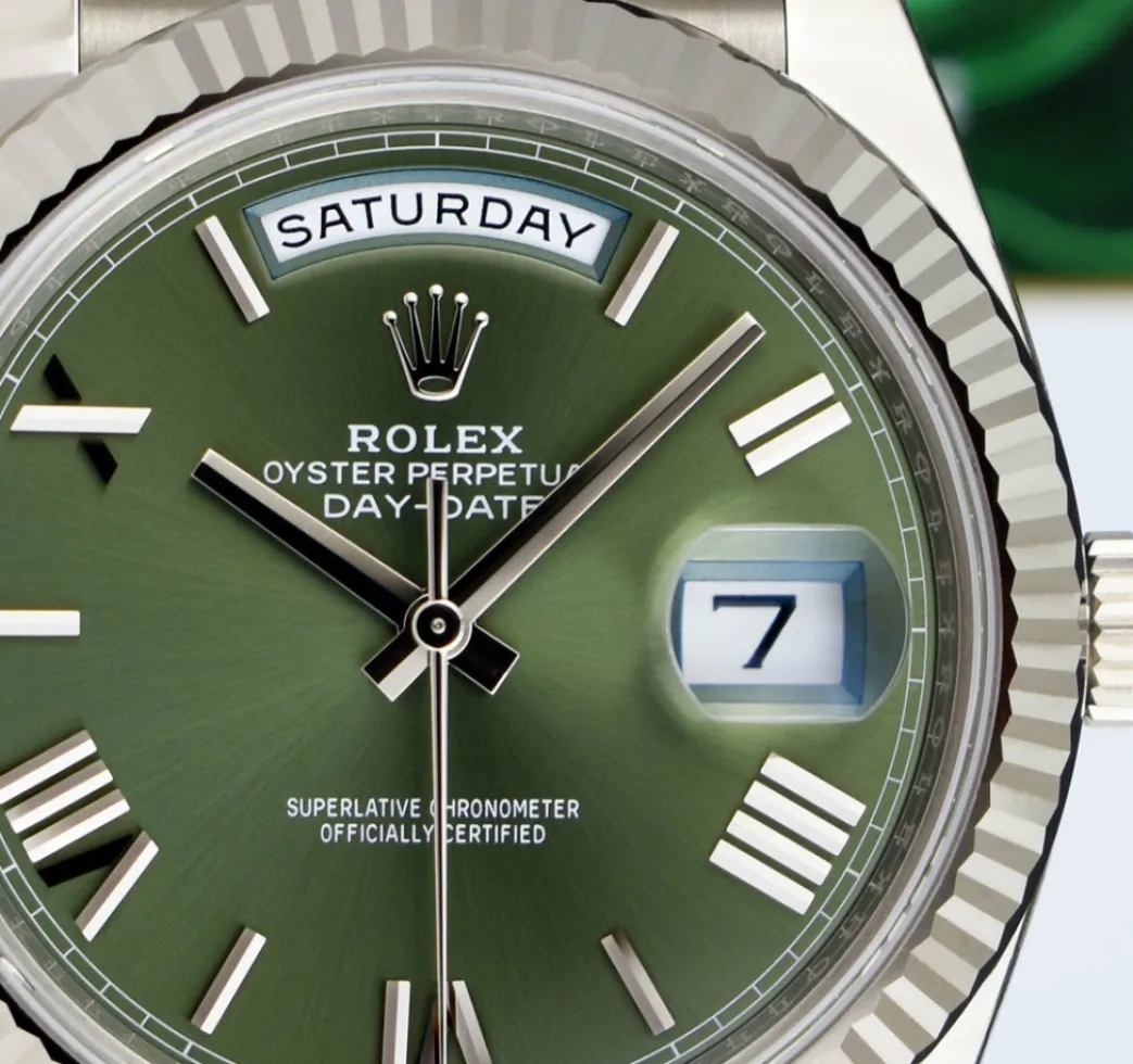 rolex_white_gold_day_date_8.webp President Dress Watches | Sant Blanc ROLEX White Gold Day Date 40 President Green Roman with Card Model 228239