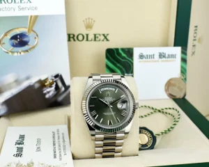 President Dress Watches | Sant Blanc ROLEX White Gold Day Date 40 President Green Roman with Card Model 228239