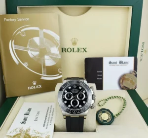 Racing Professional Watches | Sant Blanc ROLEX White Gold Daytona Black Diamond Dial Oysterflex Strap Model 116519LN